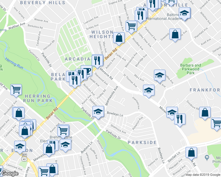 map of restaurants, bars, coffee shops, grocery stores, and more near 4305 Stanwood Avenue in Baltimore