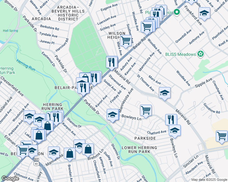 map of restaurants, bars, coffee shops, grocery stores, and more near 4305 Seidel Avenue in Baltimore