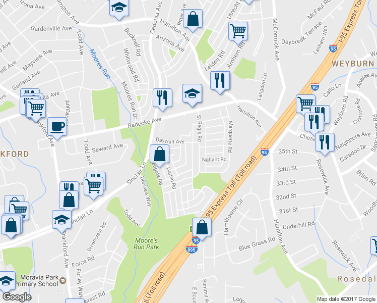 map of restaurants, bars, coffee shops, grocery stores, and more near 5235 Saybrook Road in Baltimore