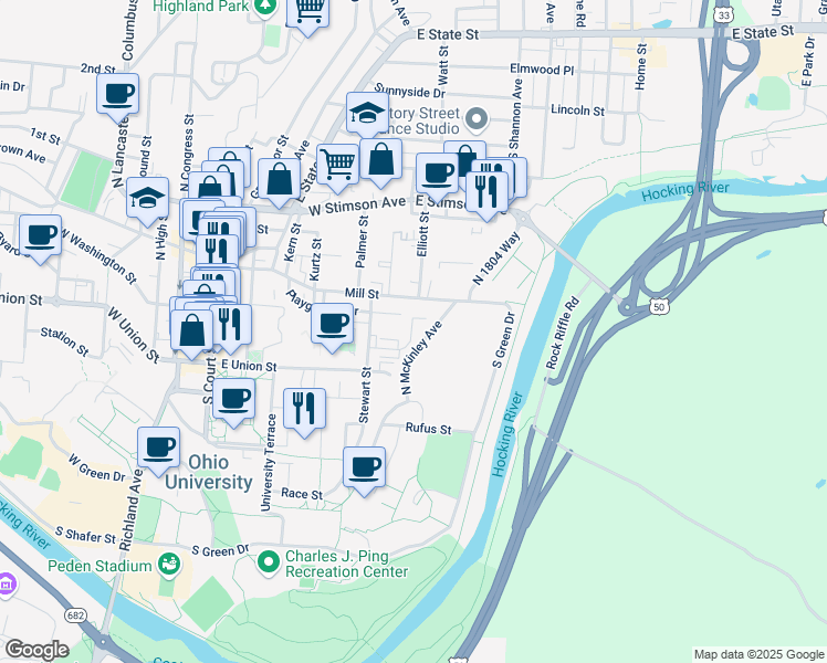 map of restaurants, bars, coffee shops, grocery stores, and more near 10 Milliron Street in Athens