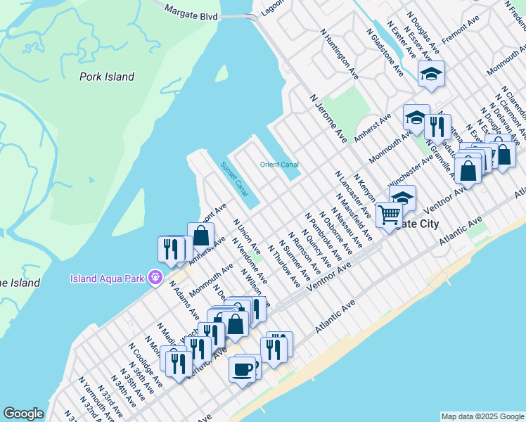 map of restaurants, bars, coffee shops, grocery stores, and more near 8809 Amherst Avenue in Margate City