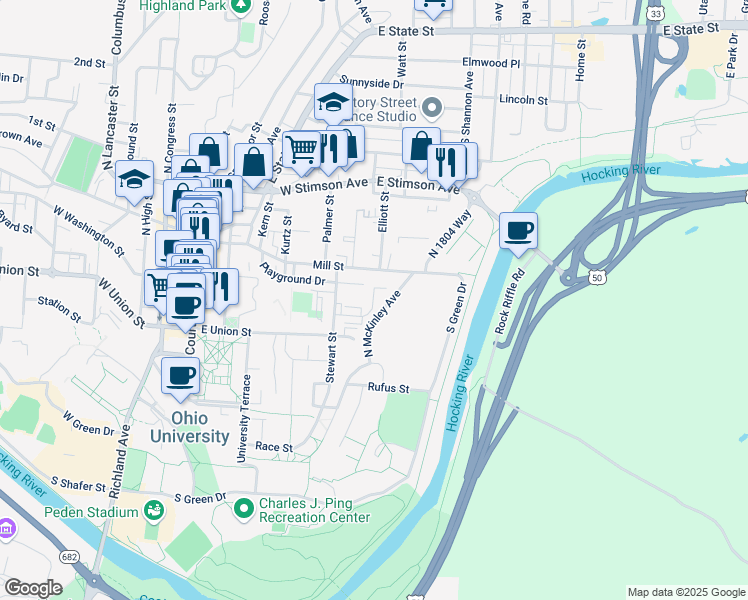 map of restaurants, bars, coffee shops, grocery stores, and more near 10 Milliron Street in Athens