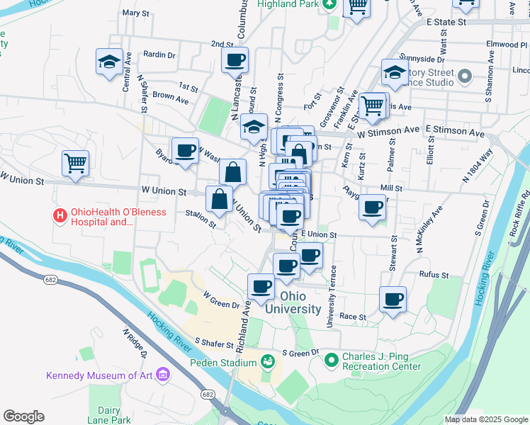 map of restaurants, bars, coffee shops, grocery stores, and more near 22 South Congress Street in Athens