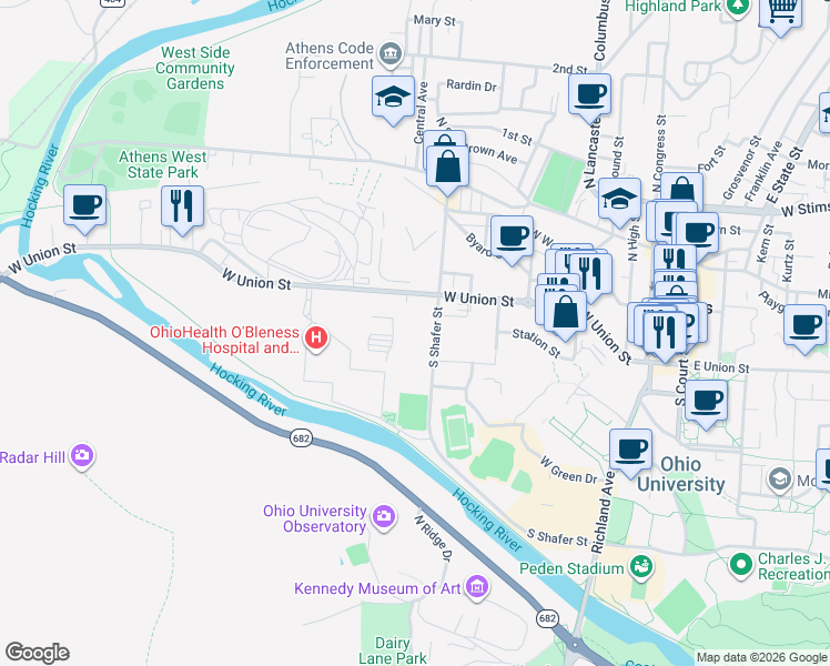 map of restaurants, bars, coffee shops, grocery stores, and more near 247 West Union Street in Athens