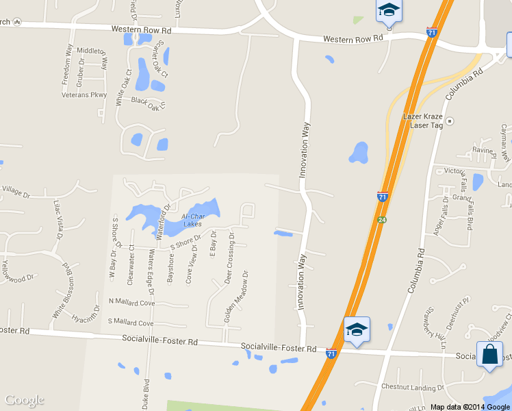 map of restaurants, bars, coffee shops, grocery stores, and more near 7601 Innovation Way in Mason
