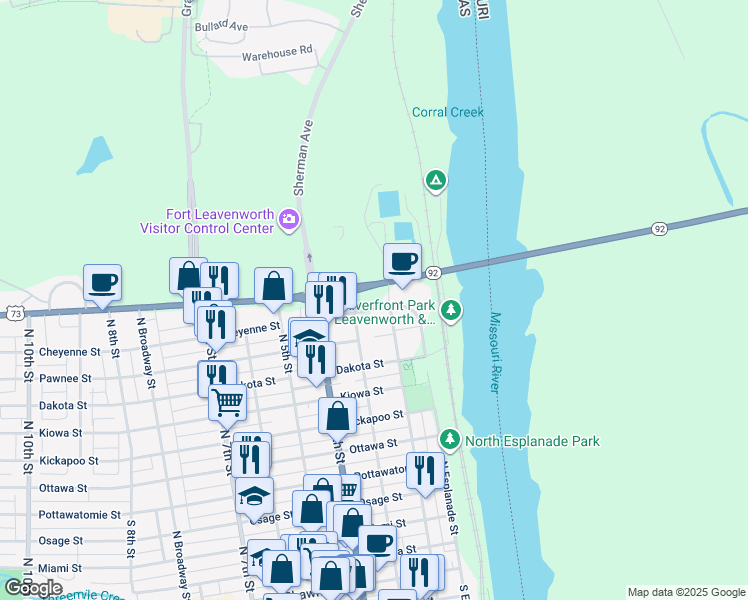 map of restaurants, bars, coffee shops, grocery stores, and more near 225 Cheyenne Street in Leavenworth
