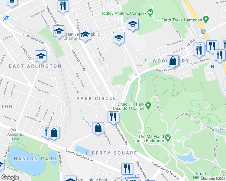 map of restaurants, bars, coffee shops, grocery stores, and more near 3500 Cottage Avenue in Baltimore