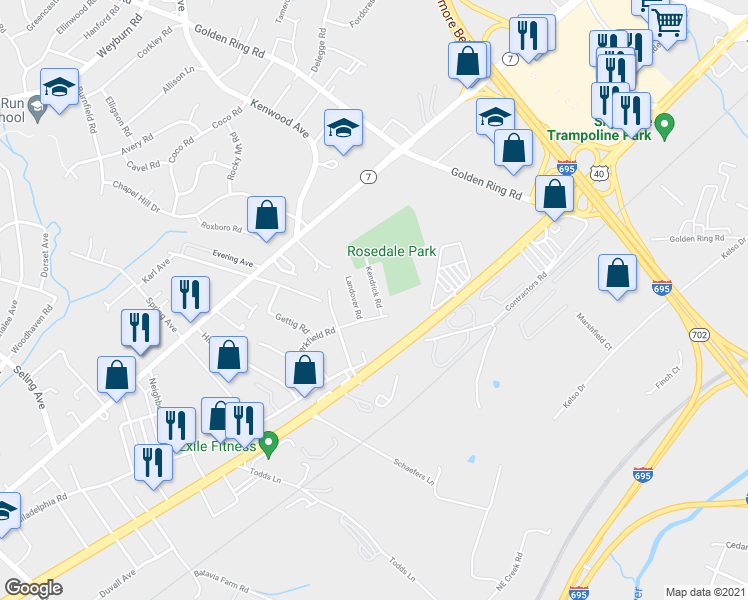 map of restaurants, bars, coffee shops, grocery stores, and more near 1227 Kendrick Road in Rosedale