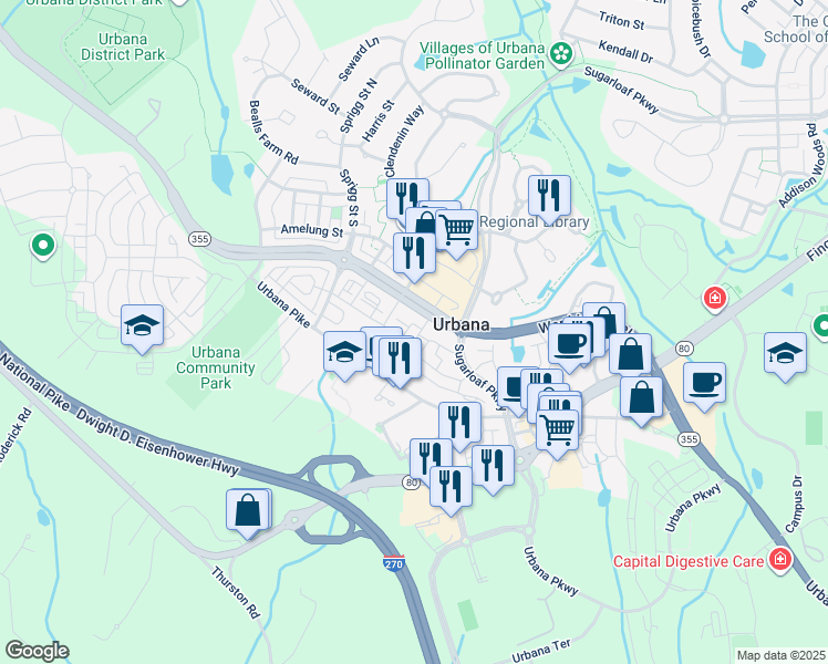 map of restaurants, bars, coffee shops, grocery stores, and more near 3506 Rines Tavern Lane in Frederick