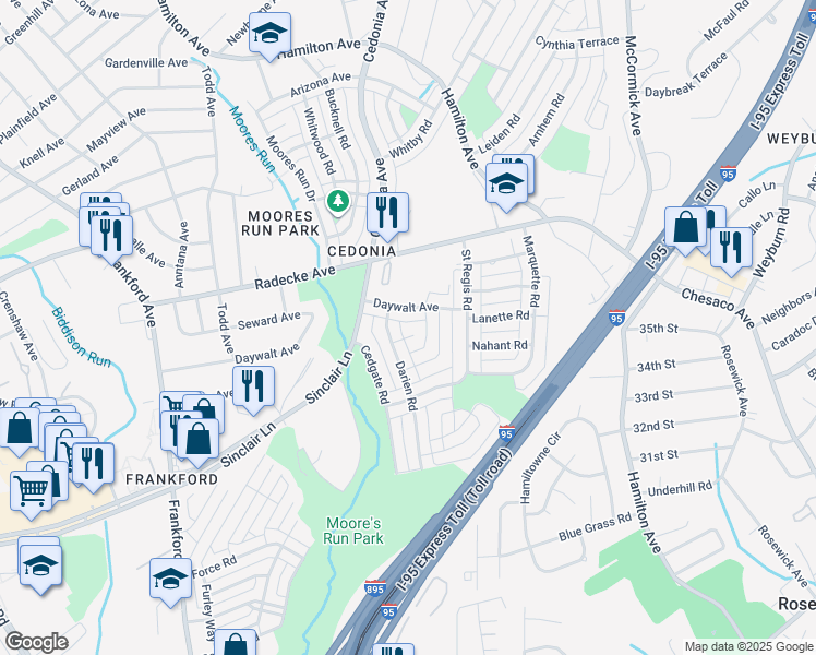 map of restaurants, bars, coffee shops, grocery stores, and more near 5906 Darien Ct in Baltimore