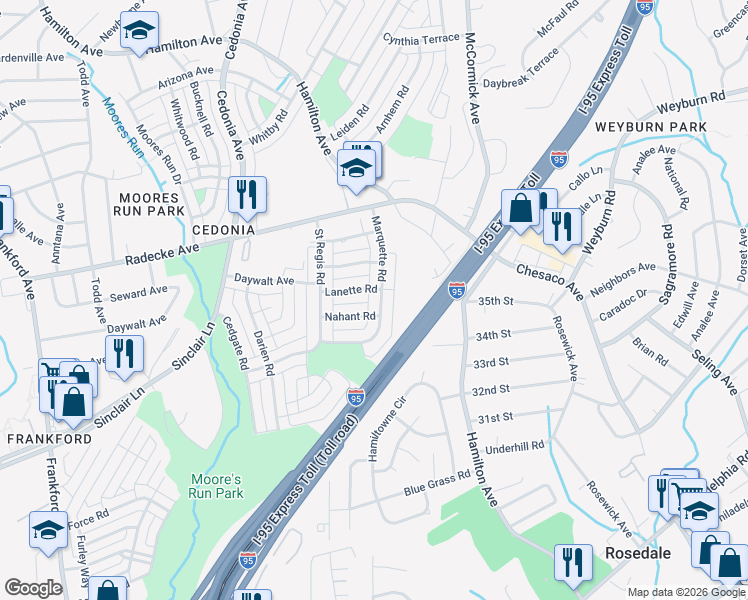 map of restaurants, bars, coffee shops, grocery stores, and more near 6062 Marquette Road in Baltimore