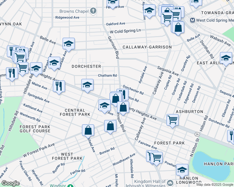 map of restaurants, bars, coffee shops, grocery stores, and more near 3410 Garrison Boulevard in Baltimore