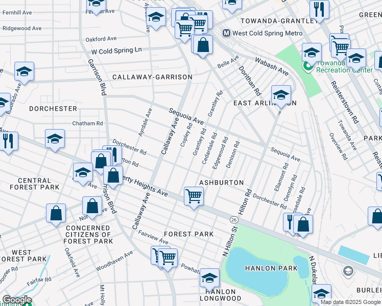 map of restaurants, bars, coffee shops, grocery stores, and more near 3510 Grantley Road in Baltimore