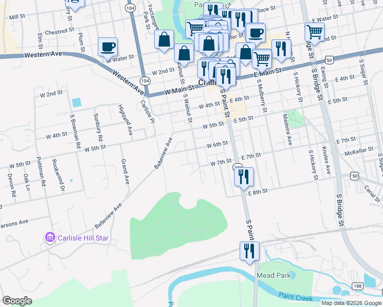 map of restaurants, bars, coffee shops, grocery stores, and more near 180 South Walnut Street in Chillicothe