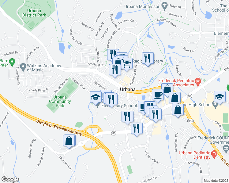 map of restaurants, bars, coffee shops, grocery stores, and more near 3506 Rines Tavern Lane in Frederick