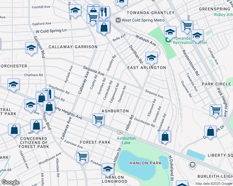 map of restaurants, bars, coffee shops, grocery stores, and more near 3609 Edgewood Road in Baltimore