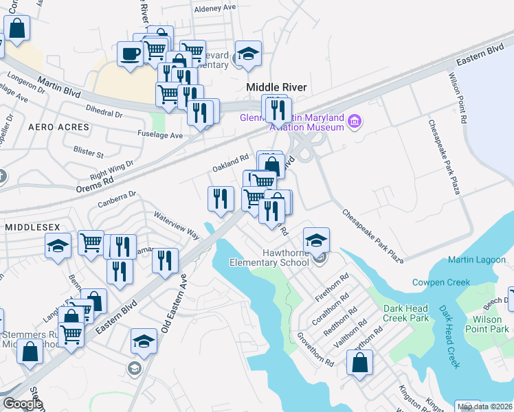 map of restaurants, bars, coffee shops, grocery stores, and more near 2117 Eastern Boulevard in Middle River