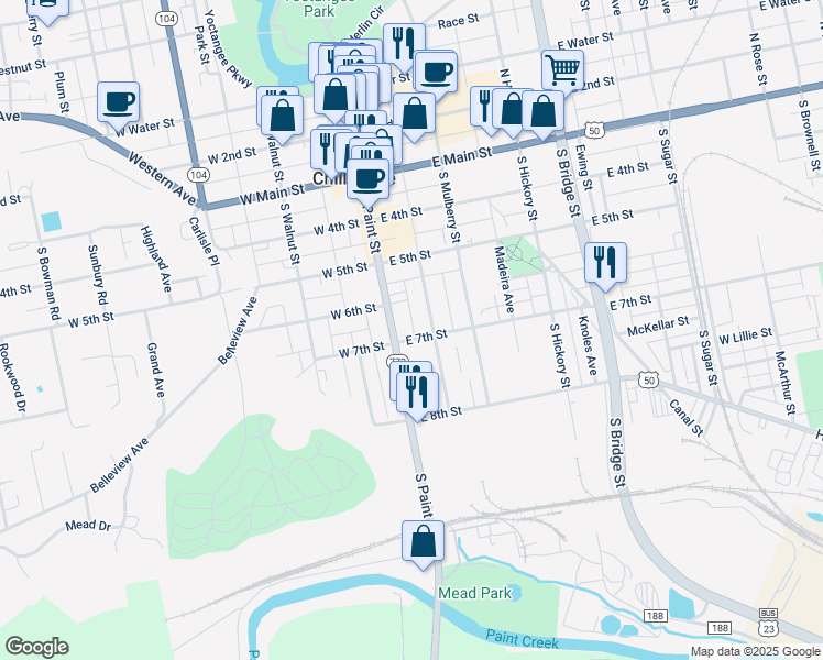 map of restaurants, bars, coffee shops, grocery stores, and more near 209 South Paint Street in Chillicothe