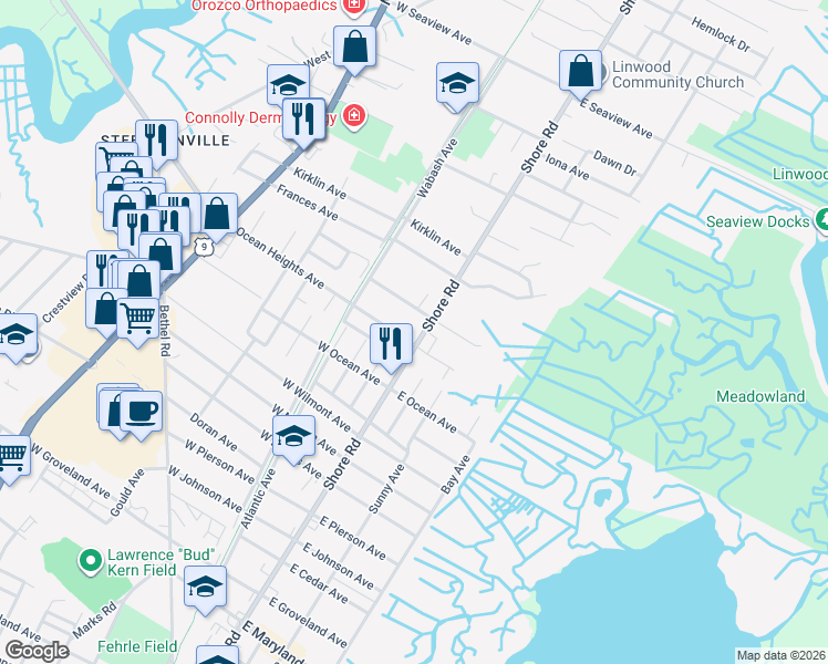 map of restaurants, bars, coffee shops, grocery stores, and more near 2321 Shore Road in Linwood