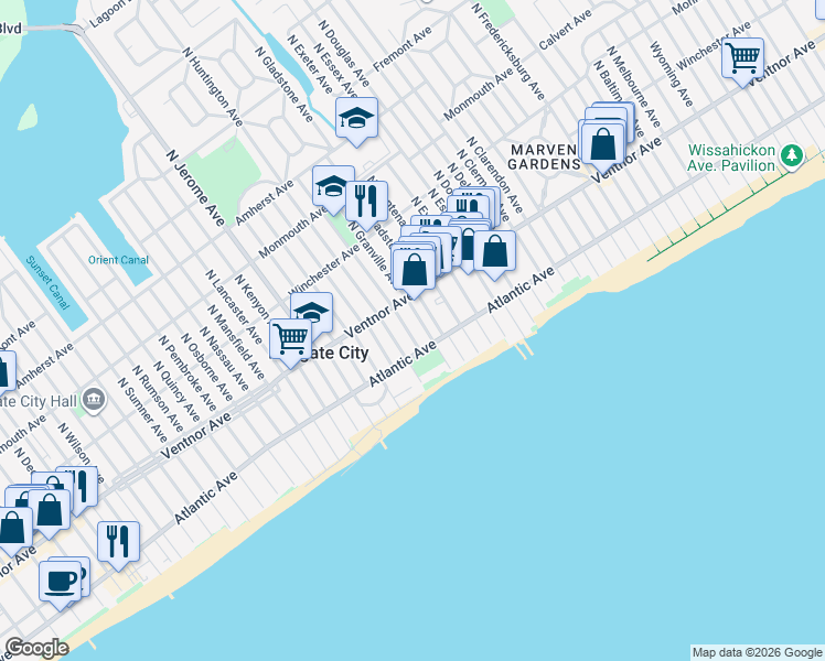 map of restaurants, bars, coffee shops, grocery stores, and more near 9 South Huntington Avenue in Margate City