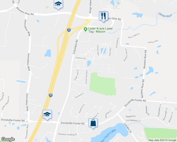 map of restaurants, bars, coffee shops, grocery stores, and more near 3280 Grand Falls Boulevard in Maineville