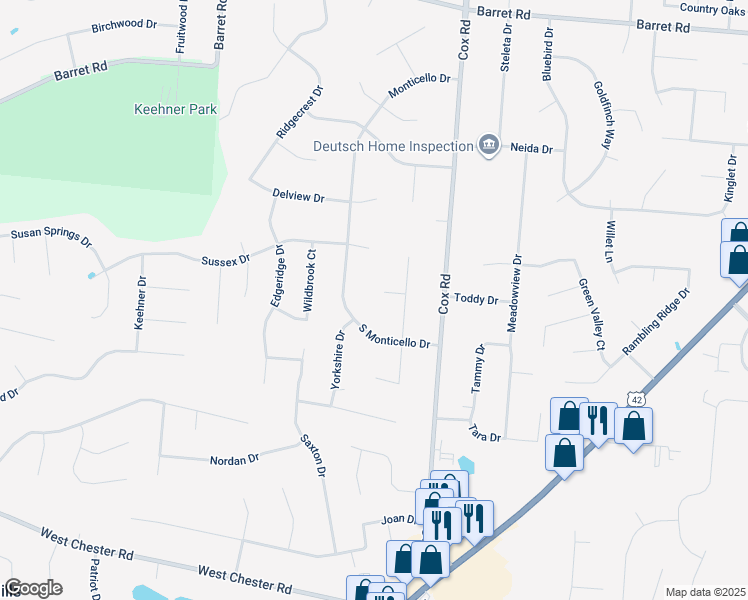 map of restaurants, bars, coffee shops, grocery stores, and more near 7745 Quaker Court in Butler County