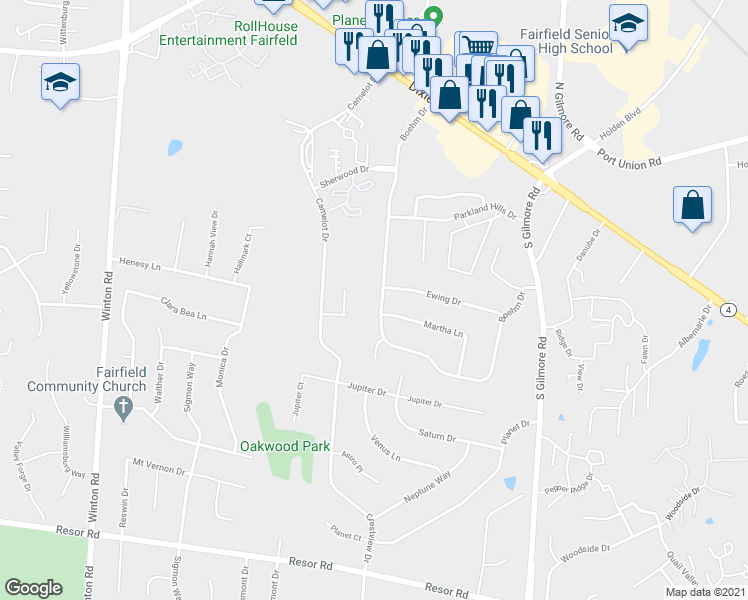 map of restaurants, bars, coffee shops, grocery stores, and more near 5394 Boehm Drive in Fairfield