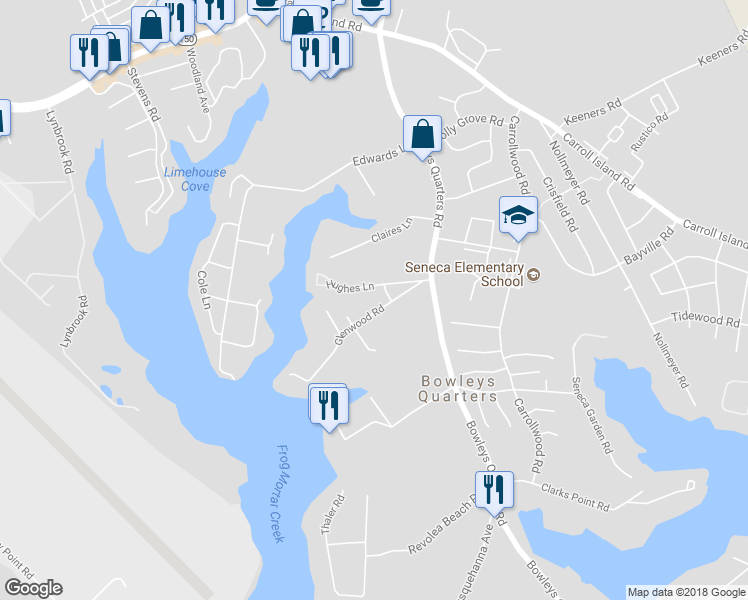 map of restaurants, bars, coffee shops, grocery stores, and more near 3624 Glenwood Road in Middle River