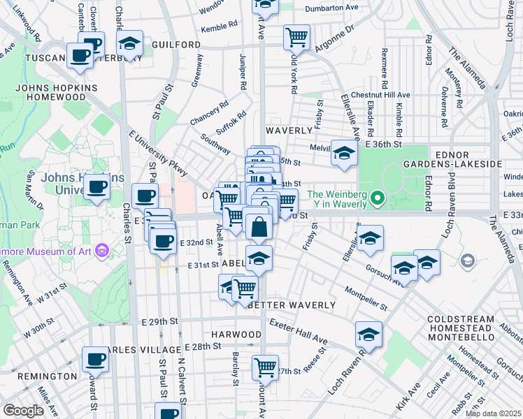 map of restaurants, bars, coffee shops, grocery stores, and more near 3300 Maryland 45 in Baltimore