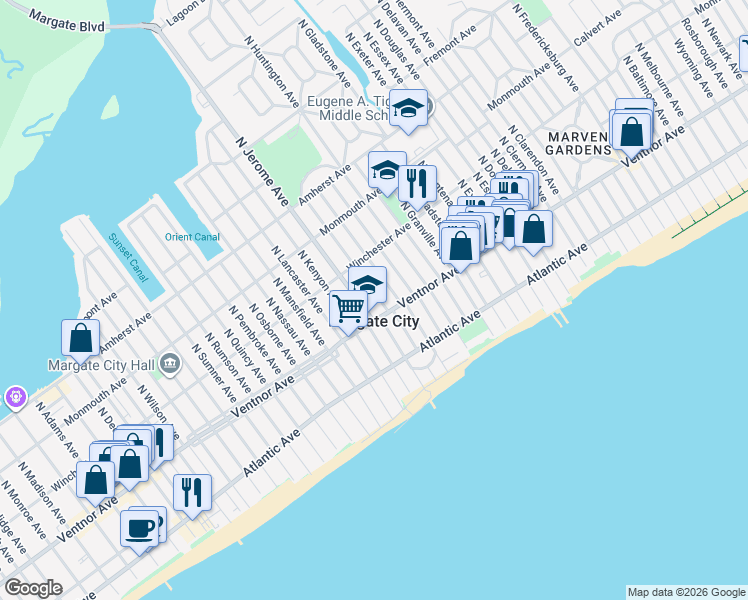 map of restaurants, bars, coffee shops, grocery stores, and more near in Margate City