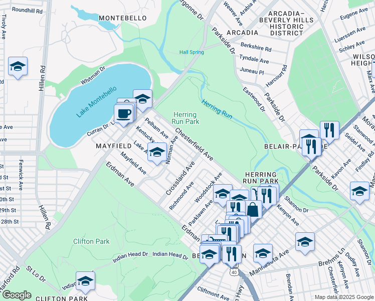 map of restaurants, bars, coffee shops, grocery stores, and more near 2426 Pelham Avenue in Baltimore
