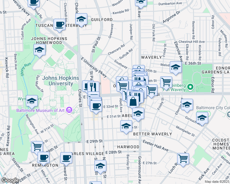 map of restaurants, bars, coffee shops, grocery stores, and more near 312 East 33rd Street in Baltimore