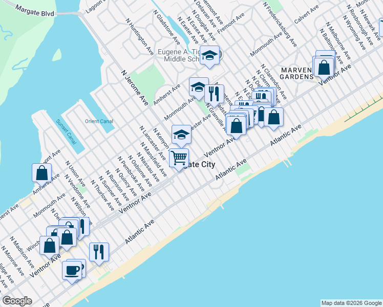 map of restaurants, bars, coffee shops, grocery stores, and more near in Margate City