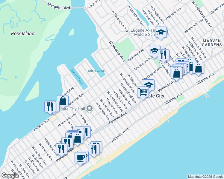 map of restaurants, bars, coffee shops, grocery stores, and more near in Margate City