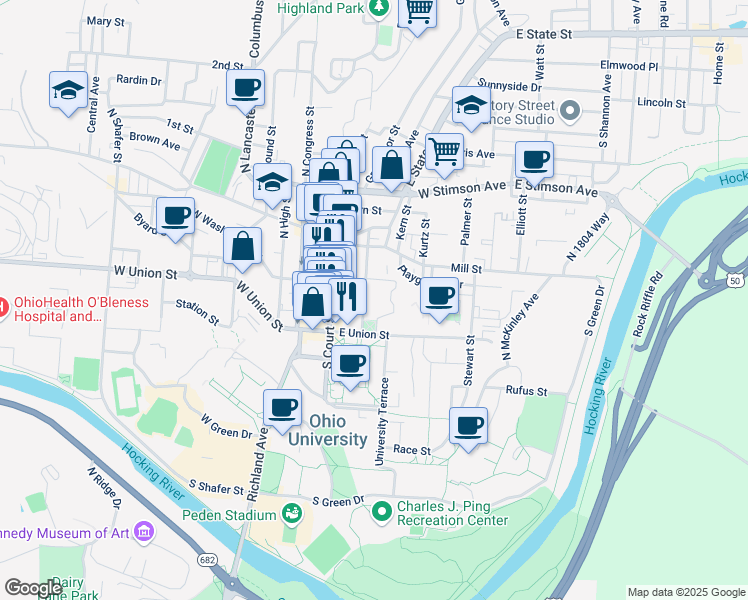 map of restaurants, bars, coffee shops, grocery stores, and more near 20 East Union Street in Athens