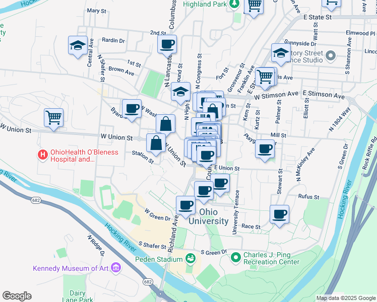 map of restaurants, bars, coffee shops, grocery stores, and more near 22 South Congress Street in Athens