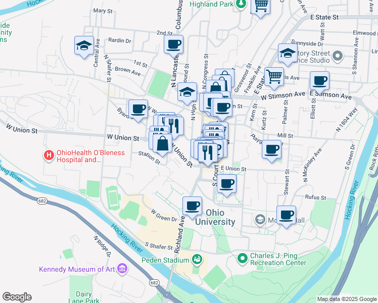 map of restaurants, bars, coffee shops, grocery stores, and more near 74 West Union Street in Athens
