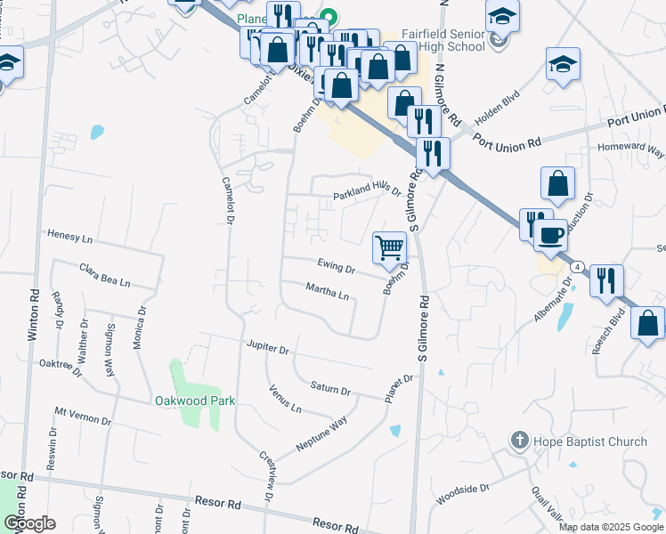 map of restaurants, bars, coffee shops, grocery stores, and more near 149 Ewing Drive in Fairfield
