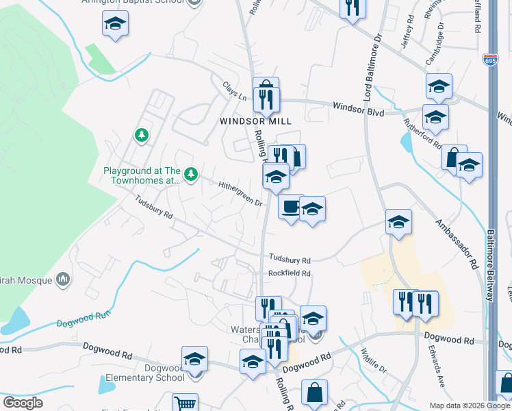 map of restaurants, bars, coffee shops, grocery stores, and more near 2522 Camberwell Court in Milford Mill