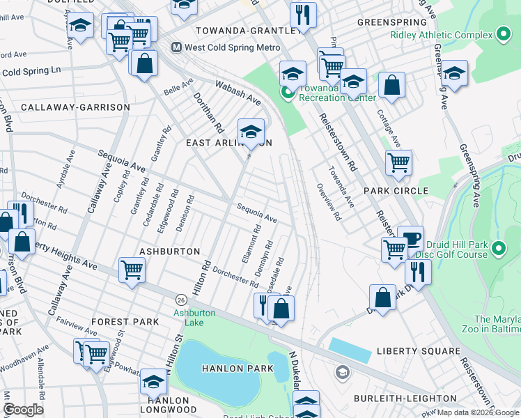 map of restaurants, bars, coffee shops, grocery stores, and more near 3204 Sequoia Avenue in Baltimore