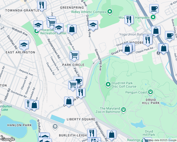 map of restaurants, bars, coffee shops, grocery stores, and more near 2504 Druid Park Drive in Baltimore
