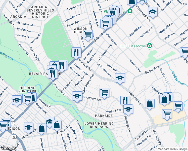 map of restaurants, bars, coffee shops, grocery stores, and more near 4505 Mannasota Avenue in Baltimore
