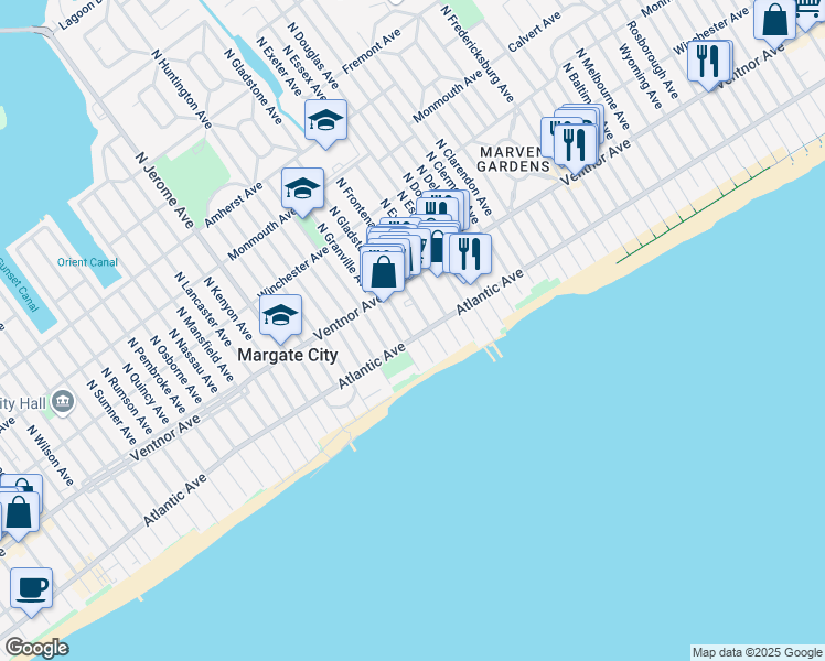 map of restaurants, bars, coffee shops, grocery stores, and more near 8013 Atlantic Avenue in Margate City