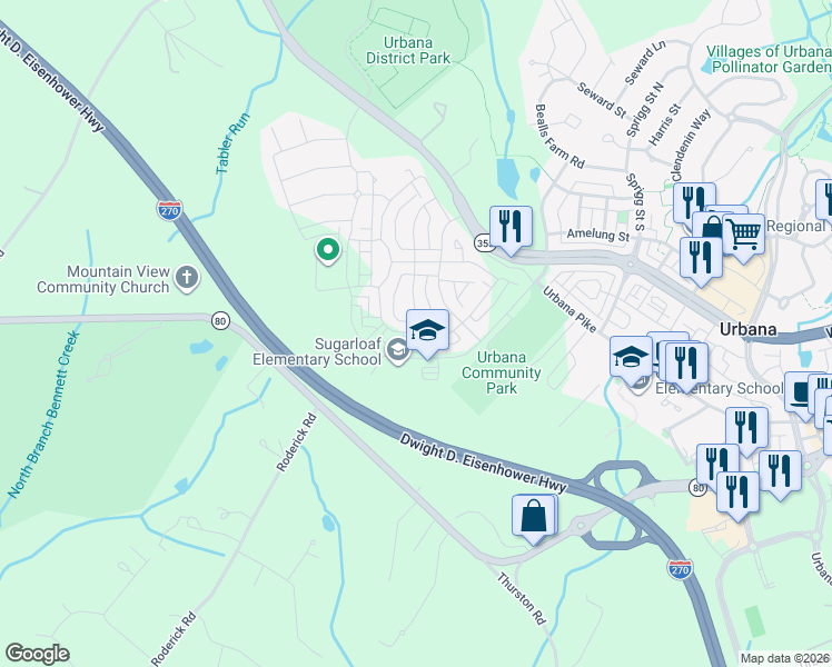 map of restaurants, bars, coffee shops, grocery stores, and more near 8663 Shady Pines Drive in Urbana