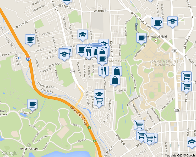 map of restaurants, bars, coffee shops, grocery stores, and more near W 34th St & Paine St in Baltimore
