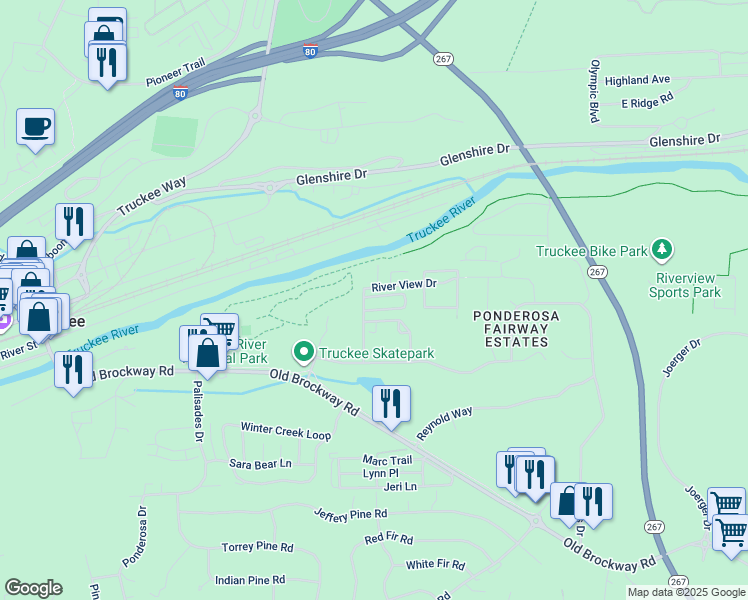 map of restaurants, bars, coffee shops, grocery stores, and more near 10095 Nicolas Drive in Truckee