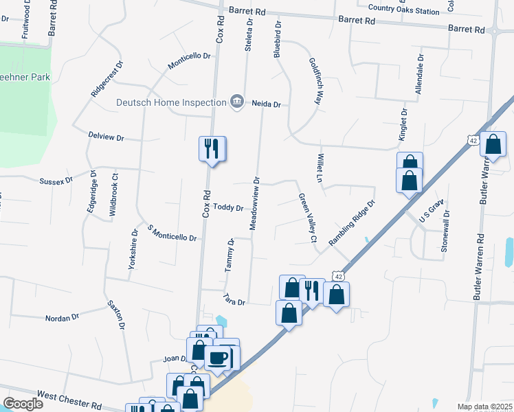 map of restaurants, bars, coffee shops, grocery stores, and more near 8767 Meadowview Drive in Butler County