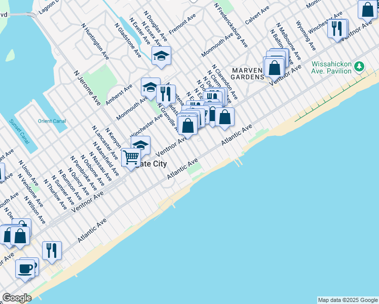 map of restaurants, bars, coffee shops, grocery stores, and more near 14 South Granville Avenue in Margate City