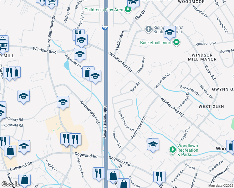 map of restaurants, bars, coffee shops, grocery stores, and more near 2712 Rona Road in Baltimore