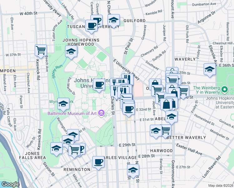 map of restaurants, bars, coffee shops, grocery stores, and more near 3333 North Charles Street in Baltimore